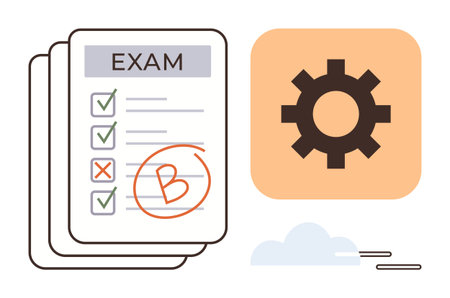 Exam paper with grade marked and gearwheel icon representing settings, evaluation, and improvement process. Ideal for education, testing, assessment, grading, performance, settings self-improvementのイラスト素材