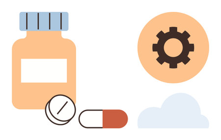 Medicine bottle, pills, gear, and cloud suggest healthcare, innovation, technology, wellness, treatment progress and medical solutions. Ideal for health pharmacy technology care progressのイラスト素材