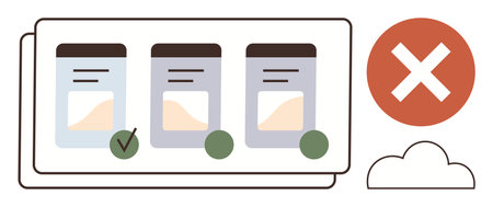 Document panels with approval and rejection marks, emphasizing decision-making. Ideal for data review, quality control, workflow, approval process, rejection, document validation, simple flatのイラスト素材
