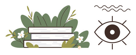 Stack of books surrounded by leaves and flowers alongside an eye symbol. Ideal for education, learning, growth, mindfulness, awareness, curiosity, enlightenment. Simple flat metaphorのイラスト素材