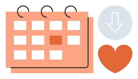 Calendar layout with highlighted date, heart icon symbolizing love or importance, and downward arrow suggesting planning, prioritization, or downloads. Ideal for time management, schedulingのイラスト素材