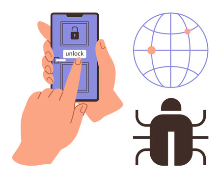 Smartphone with unlock button, a lock and network globe, hacking bug. Ideal for security, hacking, privacy, vulnerability, malware, global digital issues simple flat metaphorのイラスト素材