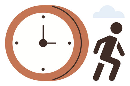 Large clock with person running and cloud in background symbolizing urgency, escaping time constraints. Ideal for time management, deadlines, work-life balance, productivity, urgency, prioritizationのイラスト素材