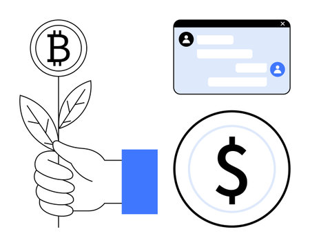 Hand grasping plant sprouting Bitcoin coin, chat window for communication, and dollar coin. Ideal for cryptocurrency, digital currency, finance, growth, investment, blockchain and a simple landingのイラスト素材