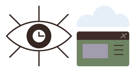Eye with clock implying focus alongside a webpage and cloud, highlighting time, data storage, web browsing. Ideal for time tracking, online services, productivity, data security, technology digitalのイラスト素材