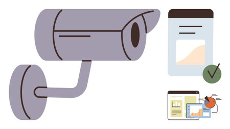 Surveillance camera combined with digital forms, analytics charts, and a green checkmark,...