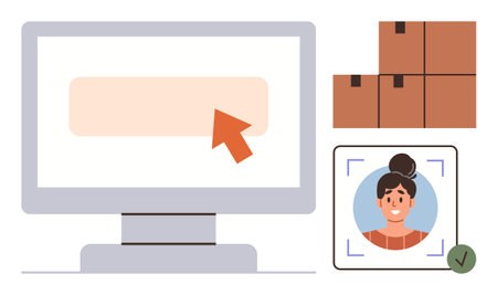 Monitor with pointer, user authentication portrait, and stacked boxes represent online shopping, identity verification, shipping process, logistics, digital security, e-commerce. Ideal for businessのイラスト素材