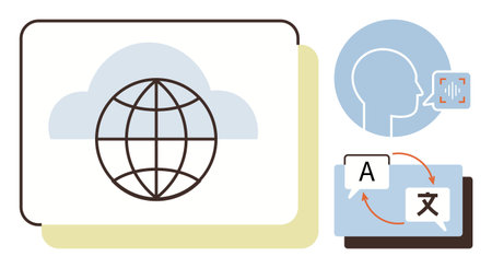 Globe inside cloud symbolizing global reach, speech bubble with translation process, human profile. Ideal for translation services, global communication, AI, technology, networking, learning simpleのイラスト素材