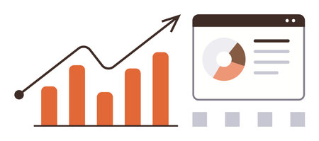 Orange bar graph with upward trend line, pie chart report, and analytics dashboard. Ideal for...