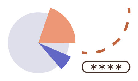 Pie chart with partial color segments paired with protected password field and dotted curved arrow....