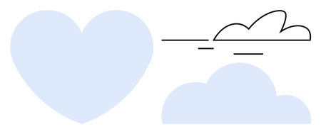 Soft blue heart, outlined clouds, and solid cloud create a serene, minimal aesthetic. Ideal for love, kindness, environment, weather health simplicity mindfulness concepts. Simple flat metaphorのイラスト素材