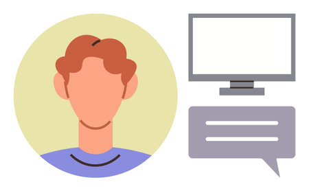 Abstract representation of a person, computer monitor, and chatbox. Ideal for communication, technology, teamwork, remote work, customer support, user interaction simple flat metaphorのイラスト素材