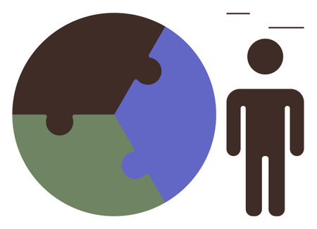 Person standing beside a three-piece puzzle globe symbolizing global teamwork, unity, problem-solving, and interconnectedness. Ideal for collaboration, international relations, teamworkのイラスト素材