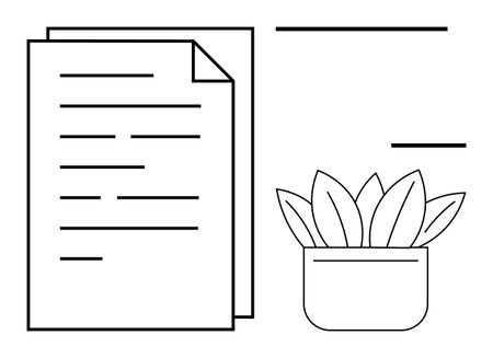 Stack of papers beside a small potted succulent plant. Ideal for organization, productivity, work-life balance, minimalism, documentation, work-from-home, office decor. Simple flat metaphorのイラスト素材