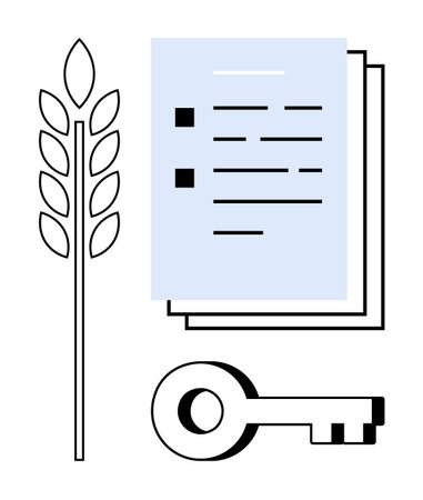 Wheat ear beside documents and key illustrates themes of agriculture, organization, access, security, contracts, resources, and transparency. Ideal for farming business and governance. Simple flatのイラスト素材