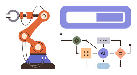 Robotic arm, AI-based workflow diagram, and progress bar conveying automation, AI, machine learning,...