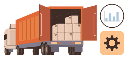 Open truck loaded with boxes, bar chart, and gear icon representing shipping, logistics, productivity, e-commerce, warehouse management, global trade and optimization. Ideal for supply chainのイラスト素材