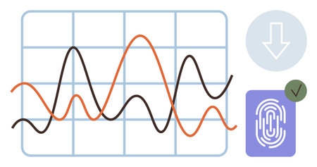 Two trend lines in orange and black crossing on a grid chart, fingerprint scanner icon, and download button with verification checkmark. Ideal for analytics, cybersecurity, technology, dataのイラスト素材