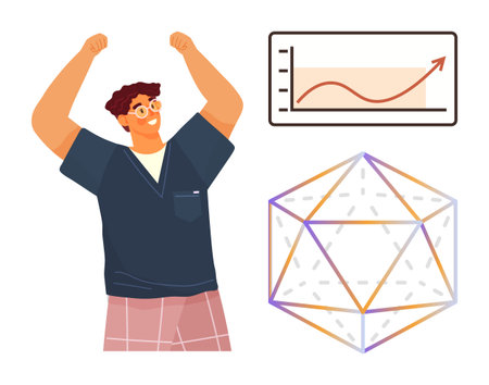 Young man raising arms in triumph alongside a chart with upward trend and a colorful geometric shape. Ideal for achievement, motivation, progress, business growth, analytics, learning, and creativityのイラスト素材