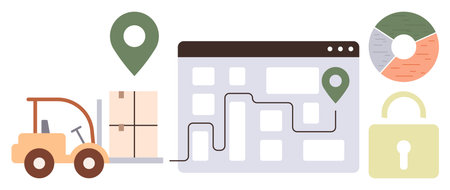Forklift loading boxes, navigation map with route and location pins, pie chart, and padlock representing secure logistics. Ideal for delivery systems, supply chain, distribution, e-commerce, safetyのイラスト素材