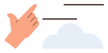 Hand gesturing upward near a soft cloud and dynamic lines suggesting movement, innovation, and lightness. Ideal for communication, connectivity, networking, technology, collaboration, simplicityのイラスト素材