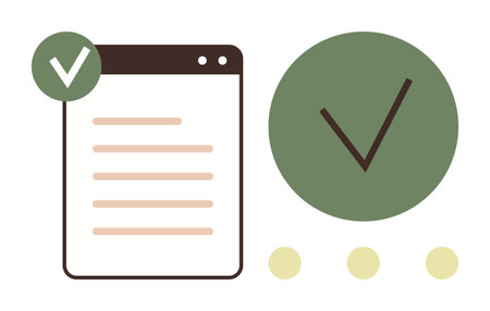 Document window with outlined text, a green check mark, and three dots. Ideal for task completion, validation, checklist design, achievement tracking, workflow, progress display simple flat metaphorのイラスト素材