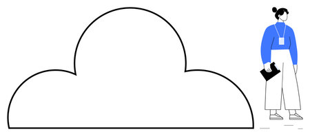 Woman holding a clipboard stands by a large cloud outline, linking professional identity with technology, storage, or connection. Ideal for IT, networking, digital data, business, cloud storageのイラスト素材