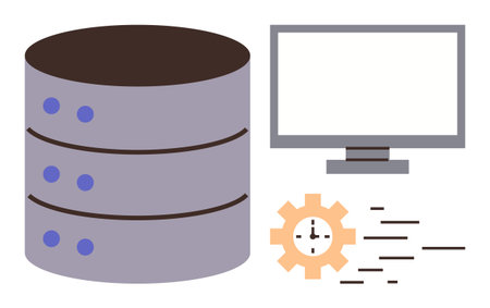 Stack server beside computer monitor, gear with clock, and speed lines. Ideal for database, cloud storage, data management, IT solutions, technology operations, automation simple flat metaphorのイラスト素材