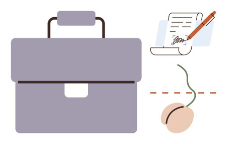 Briefcase, signed document with pen, sprouting seed highlight business, legal deals, entrepreneurship, growth, investment, career opportunities productivity. Ideal for startups strategyのイラスト素材
