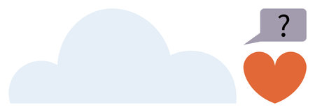 Large cloud, orange heart, and question mark speech bubble symbolizing love, curiosity, communication, online connection. Ideal for technology, social media, emotions cloud storage networkingのイラスト素材