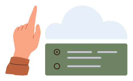 Hand pointing up at a cloud with a server panel showcasing data options. Ideal for technology, cloud computing, data storage, IT solutions, innovation, digital transformation, simple flat metaphorのイラスト素材
