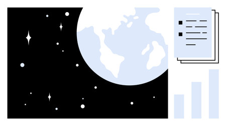 Earth in outer space alongside documents and bar graph, suggesting data, analytics, global communication, education, sustainability, research, technology. Ideal for simple flat metaphorのイラスト素材