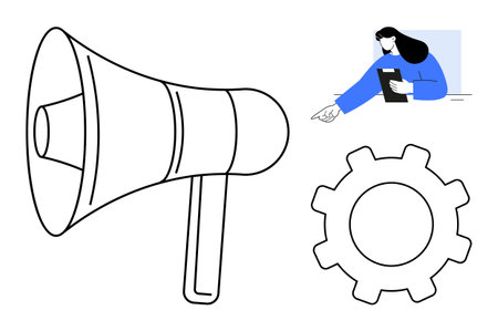 Woman holding a tablet pointing forward, megaphone representing announcements, and gear symbolizing system processes. Ideal for teamwork, communication, management, leadership, marketing, creativeのイラスト素材