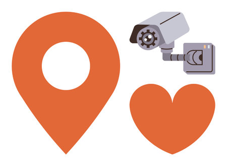 Large orange location pin, security camera with mechanical details, and a heart shape. Ideal for...
