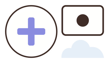 Medical cross symbol, digital camera icon, and cloud shape represent healthcare, technology, data...