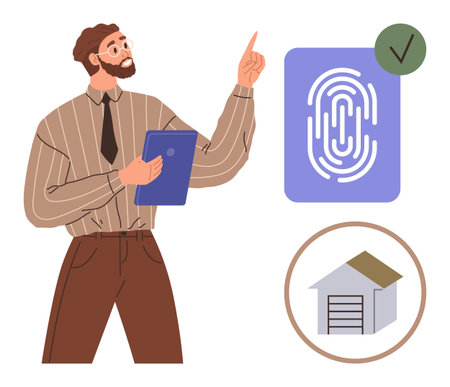 Man in formal attire holding clipboard, pointing at fingerprint with a checkmark and house with garage icon. Ideal for authentication, technology, innovation, security, access control, privacyのイラスト素材