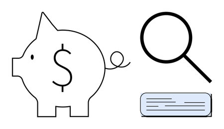 Piggy bank with dollar sign, magnifying glass, and document symbolize financial planning, saving, research, analysis, accountability, economics and fiscal management. Ideal for simple flat metaphorのイラスト素材