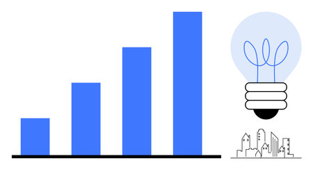 Vertical bar graph showcasing growth, lightbulb with sprouting plant symbolizing innovation and sustainability, urban building skyline. Ideal for progress, eco solutions, growth, environmentのイラスト素材