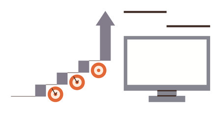 Stair-step chart with upward arrow, target icons, and a computer screen. Ideal for business,...