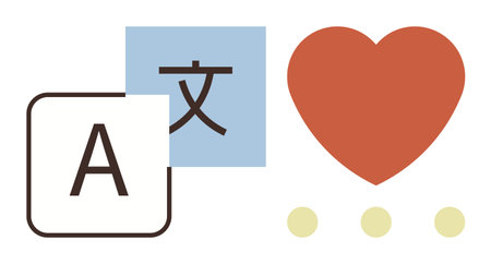 Letter and character tiles with heart symbol and ellipses representing love, communication, and multilingual connection. Ideal for translation, global interaction, culture, technology, learningのイラスト素材