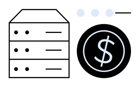 Server stack with three drawers, dollar sign in dark circular icon, three dots, and line accent. Ideal for finance, data economics, SaaS, cloud storage, IT budget digital banking simple flatのイラスト素材