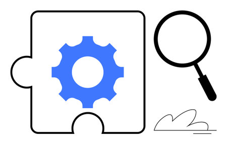 Gear inside a puzzle piece alongside a magnifying glass and abstract lines, representing analysis, teamwork, creativity. Ideal for strategy, innovation, problem-solving, teamwork, discoveryのイラスト素材