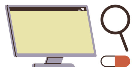 Desktop monitor, magnifying glass, and capsule emphasize digital health, pharmaceutical studies, and...