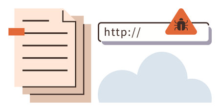 Documents stack beside a malware alert on a web browser URL above a cloud icon. Ideal for cybersecurity, data protection, online threats, phishing, IT risks, secure storage, simple flat metaphorのイラスト素材