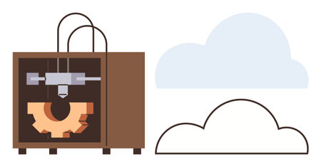 3D printer manufacturing gear with cloud symbol beside it. Ideal for manufacturing, innovation,...