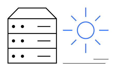 Data server juxtaposed with a blue sun emphasizing clean energy integration, sustainable technology,...