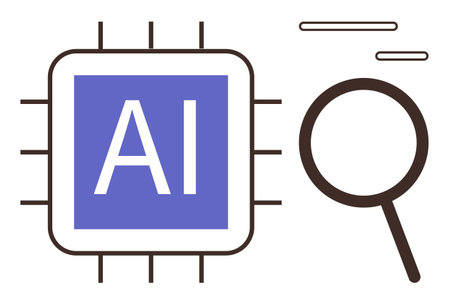 Microchip labeled AI paired with magnifying glass highlighting technology, innovation, digital research, artificial intelligence, data analysis, machine learning, automation. Ideal for tech conceptsのイラスト素材