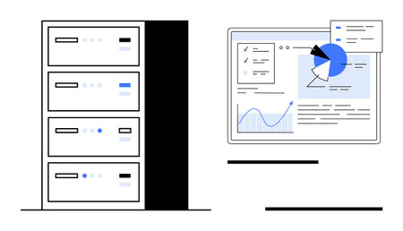 Server rack alongside analytics dashboard with charts, graphs, and system data. Ideal for data...