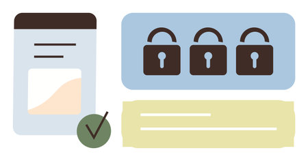 Padlocks symbolize data protection, checklist represents verification process, and login form implies authentication. Ideal for cybersecurity, privacy, access control, verification, trust, onlineのイラスト素材
