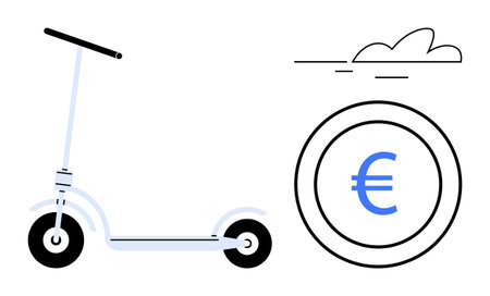 Electric scooter next to euro sign and abstract cloud, symbolizing eco-transport, savings, and urban life. Ideal for sustainability, transportation, cost-efficiency, modern mobility, environmentのイラスト素材